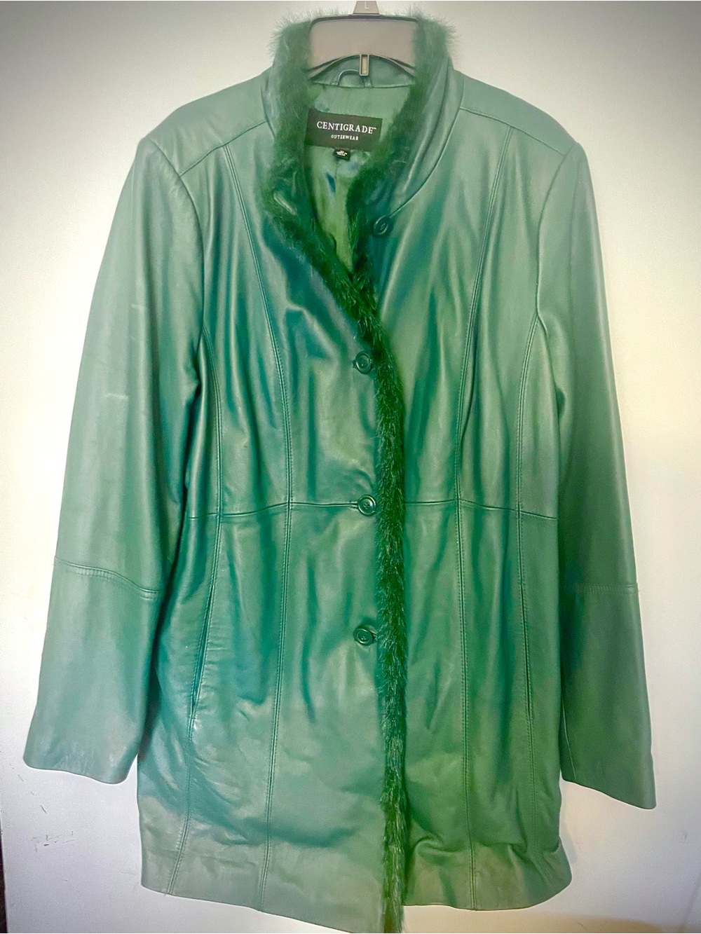 Centigrade green leather coat with faux fur trim, size XL #fauxfur #outerwear